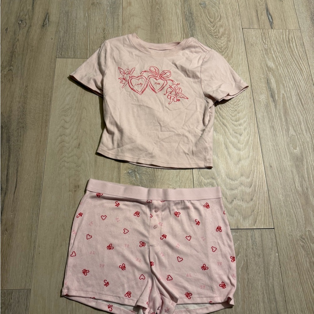 No Boundaries Pink Cream Heart Print Pajama Set - Picture 2 of 7